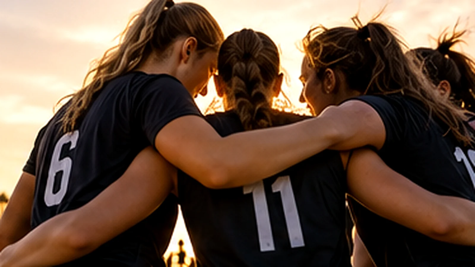 A volleyball team huddled together