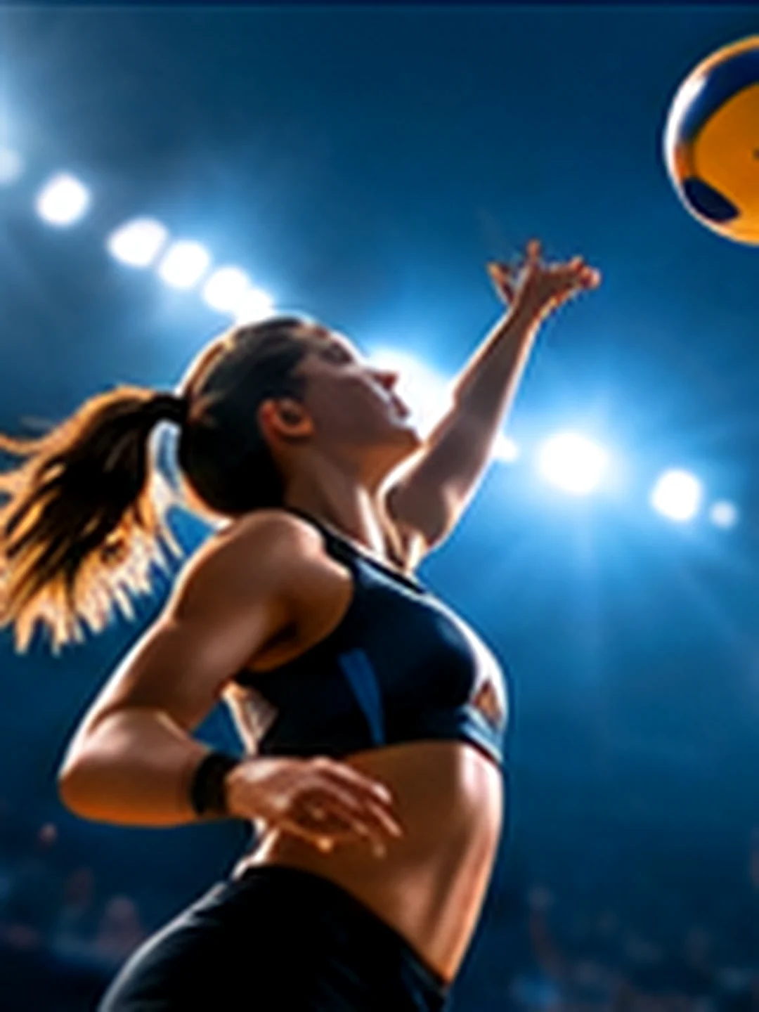 A volleyball player spiking the ball during an indoor match
